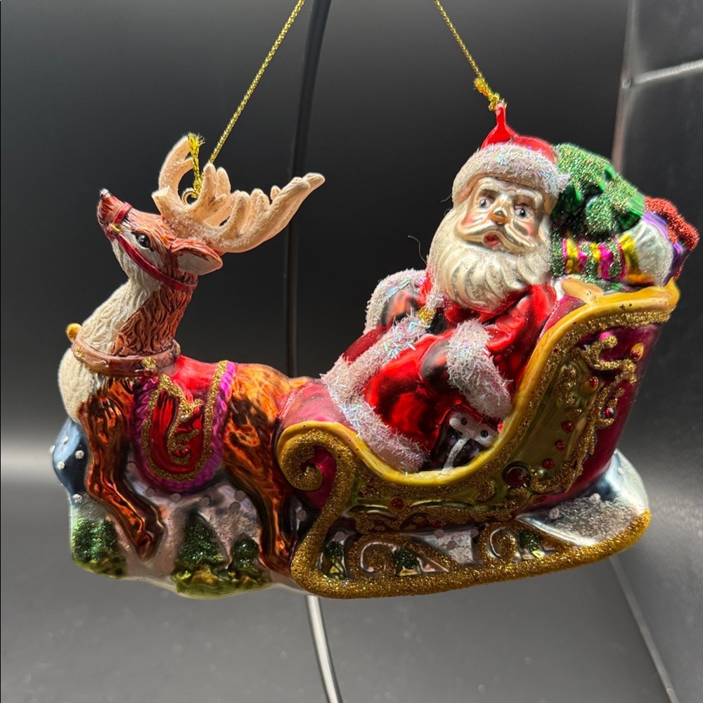 Festive Santa and Reindeer Sleigh Ornament